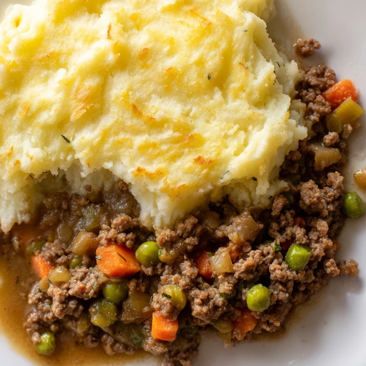 Steamed green beans and a fresh salad accompany this hearty Classic Beef Cottage Pie, featuring a savory, bubbling gravy beneath a creamy mash topping.
