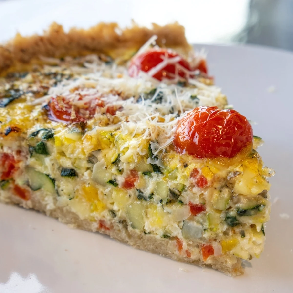 Freshly baked Savory Vegetable Quiche with Crust is served warm, showcasing a golden, flaky crust and a soft, cheesy egg filling.