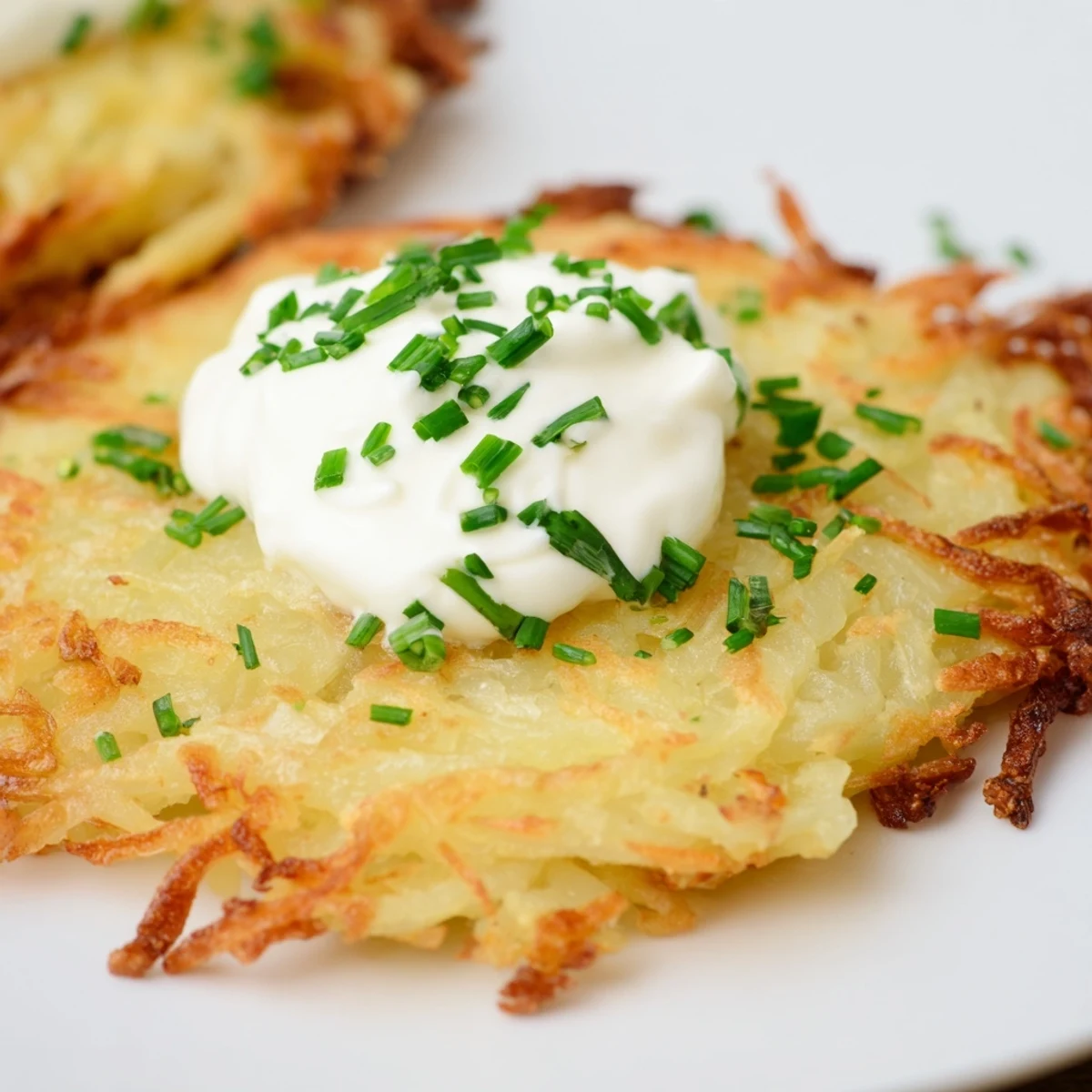 A plate of golden-brown Crispy Potato Latkes topped with sour cream and scallions on a rustic table. 