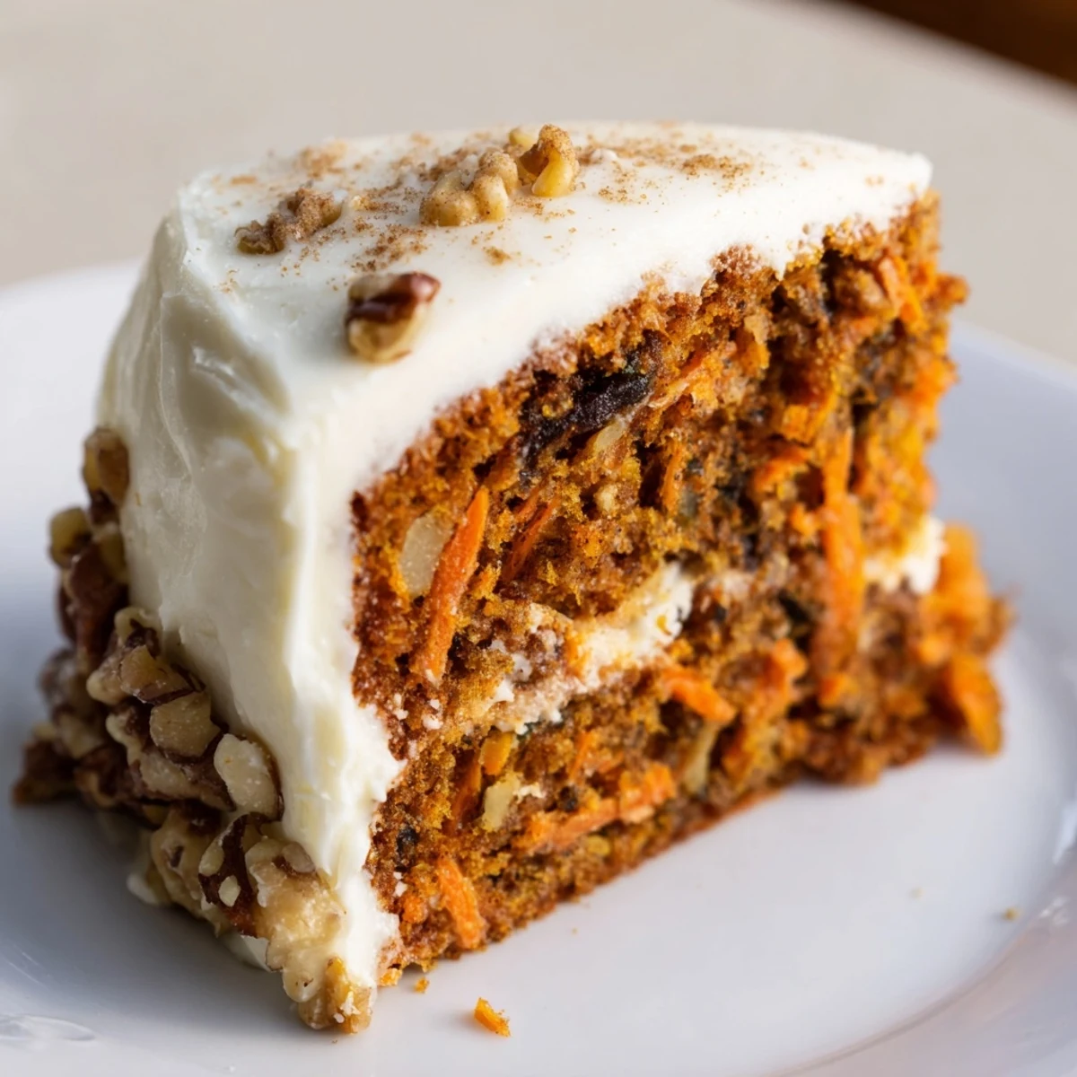 Freshly baked Spiced Carrot Cake with Cream Cheese Frosting, topped with chopped pecans and a sprinkle of cinnamon.