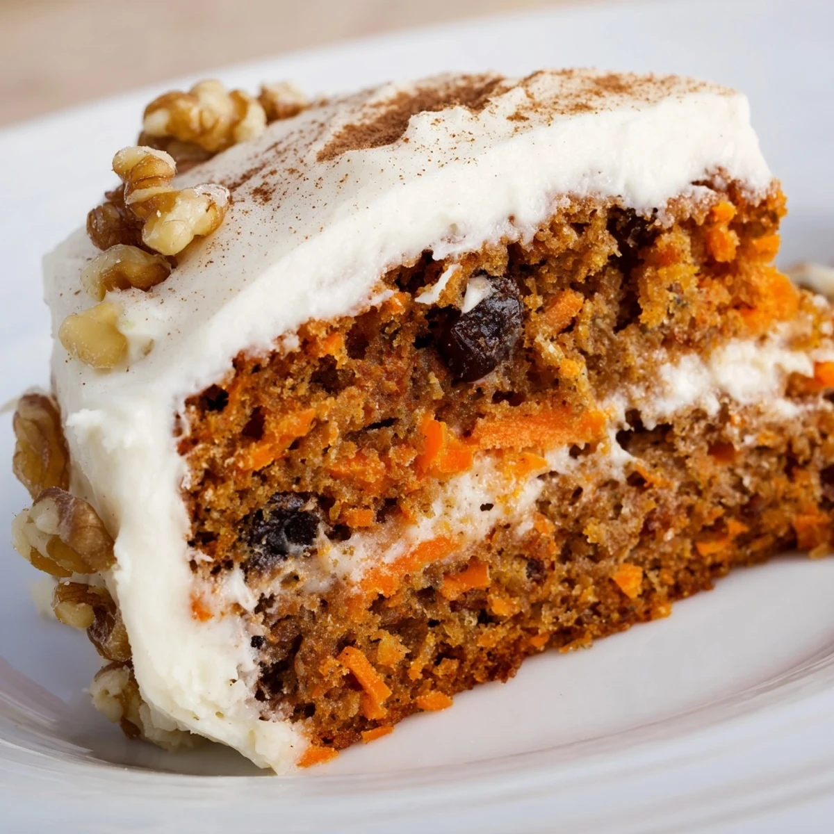 A slice of moist Spiced Carrot Cake with Cream Cheese Frosting served on a white plate next to a cup of tea.