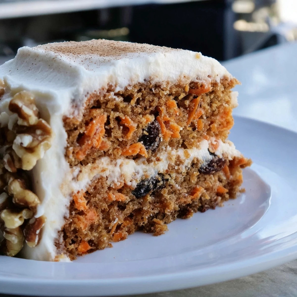 Layers of Spiced Carrot Cake with Cream Cheese Frosting, showing tender carrot flecks and fluffy white frosting in a cross-section.