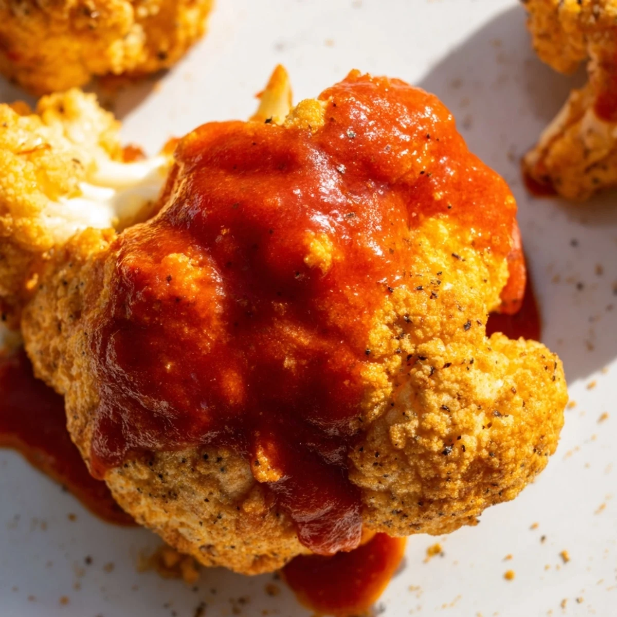 Golden Air Fryer Buffalo Cauliflower Bites piled high next to creamy blue cheese dip.