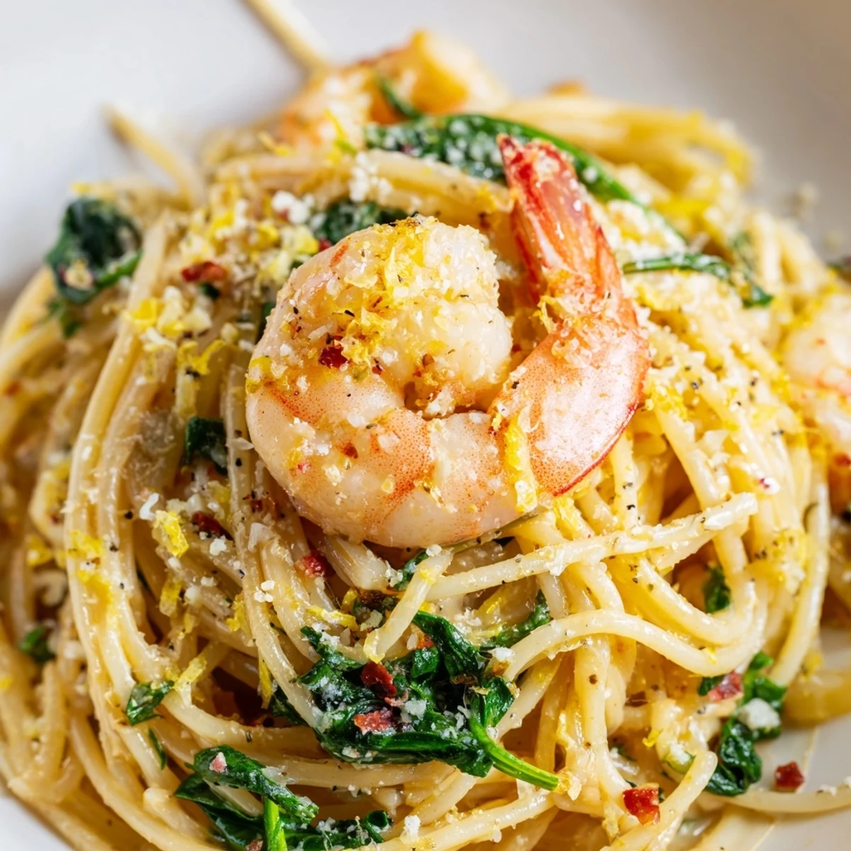 Sizzling Lemon Garlic Shrimp Pasta with Spinach served family-style with crusty bread and lemon wedges.