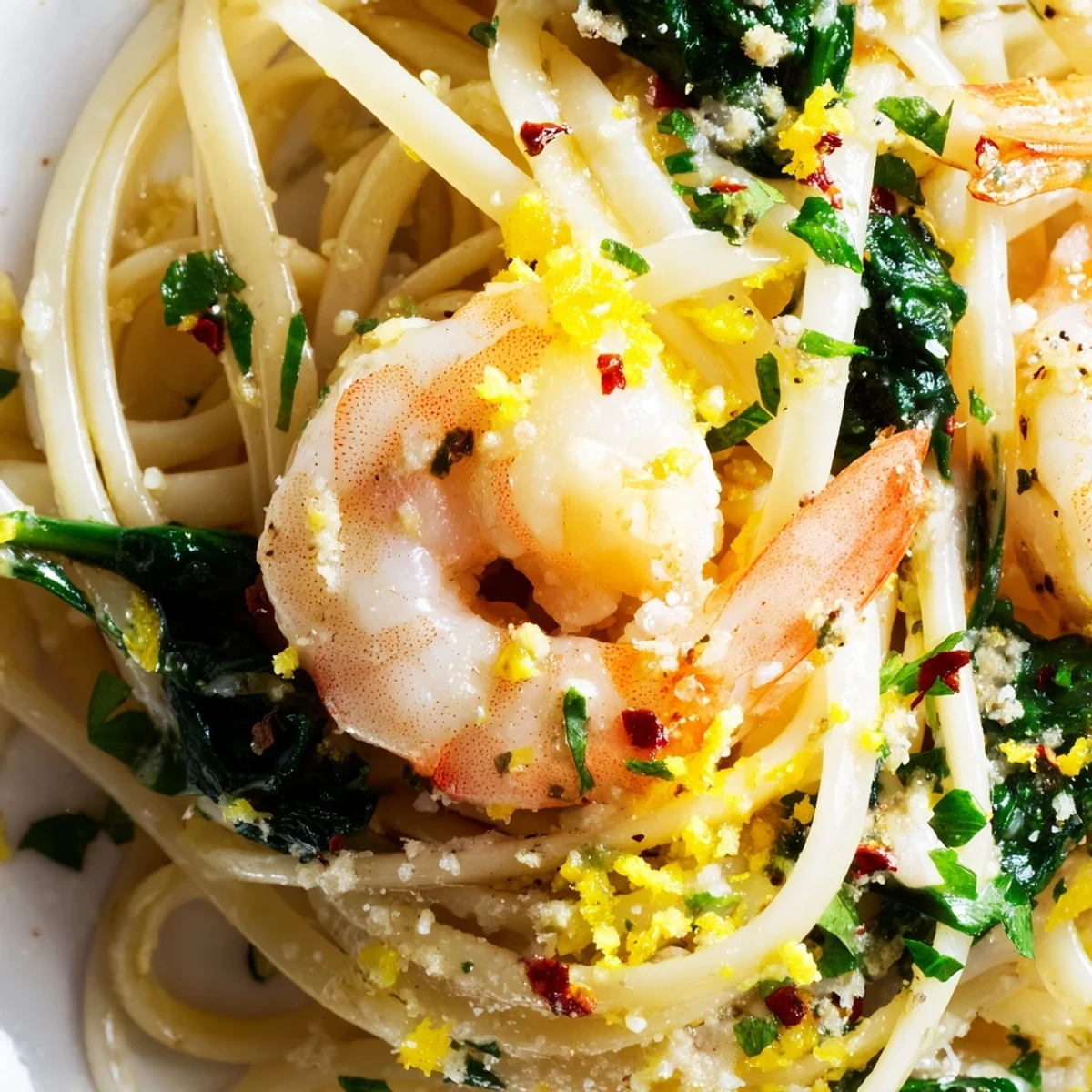 A close-up of fork-twirled linguine coated in a silky lemon-garlic sauce and sautéed spinach.