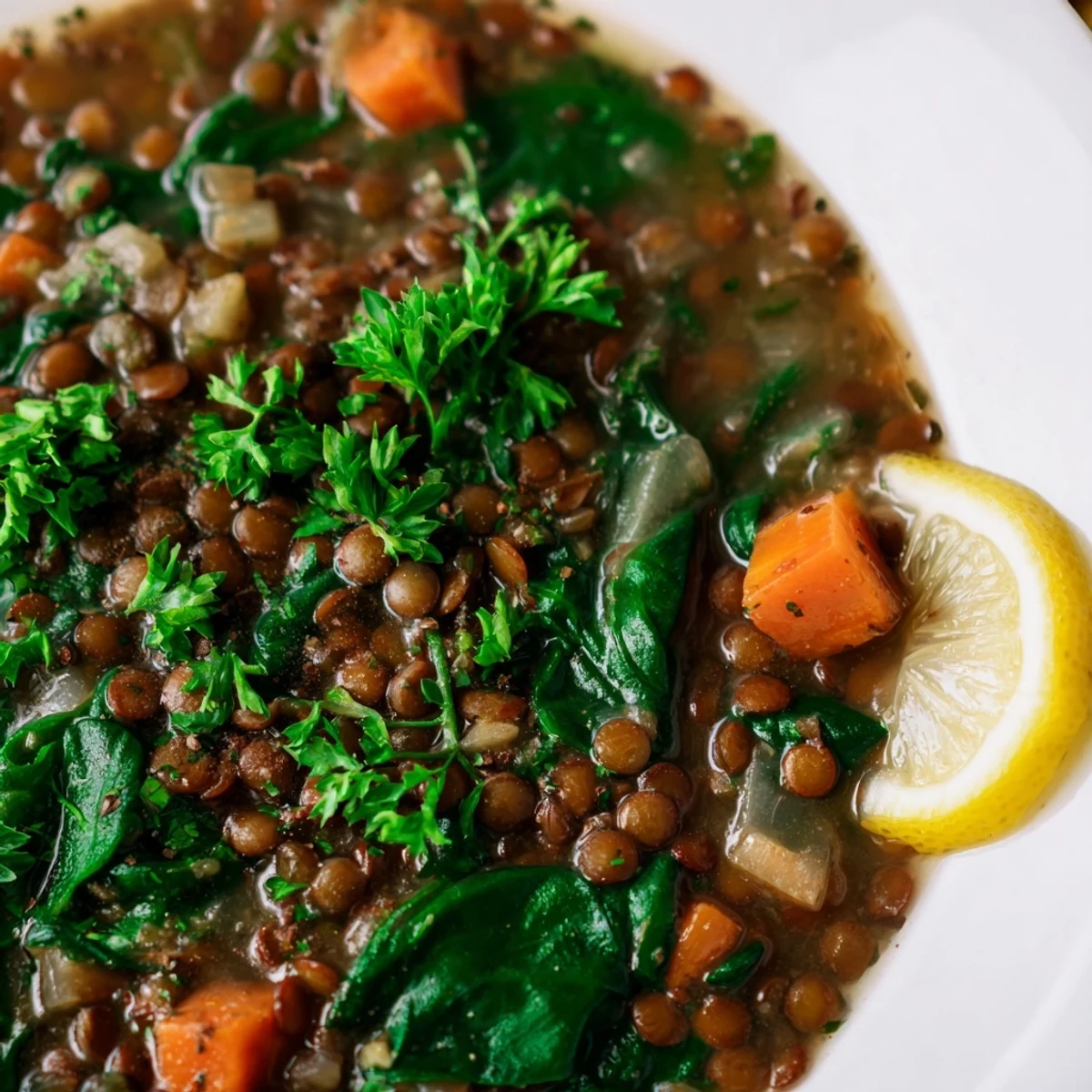 A close-up of Hearty Lentil Soup with Spinach and Lemon, finished with parsley and extra lemon on the side.