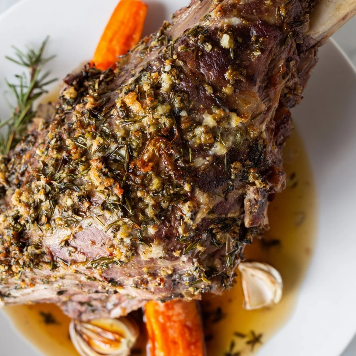 A golden-brown lamb shoulder with herbs, resting on a bed of roasted vegetables with pan juices.