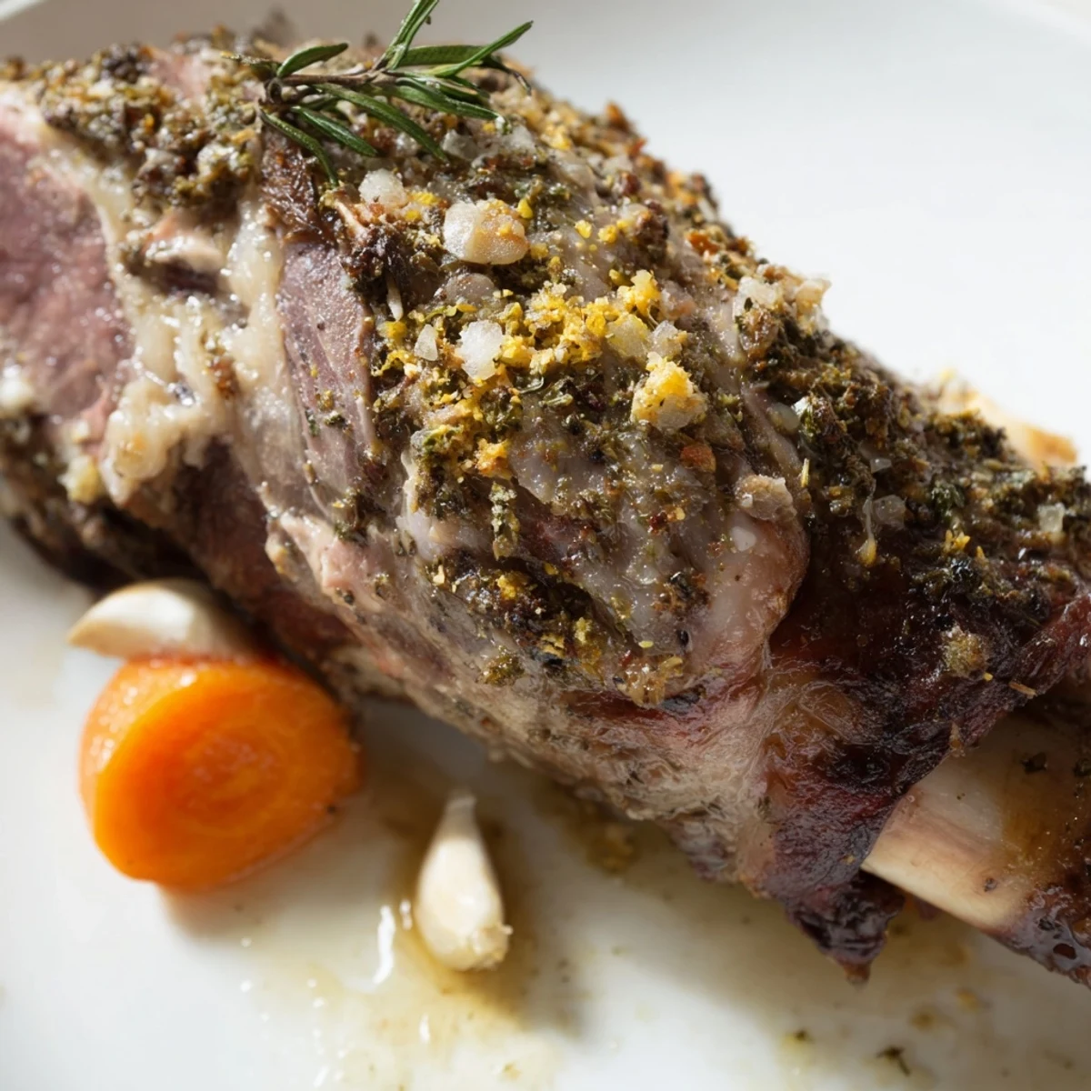 Slow-roasted lamb shoulder with herbs, glistening and fork-tender, served with caramelized onions and carrots from the roasting pan.
