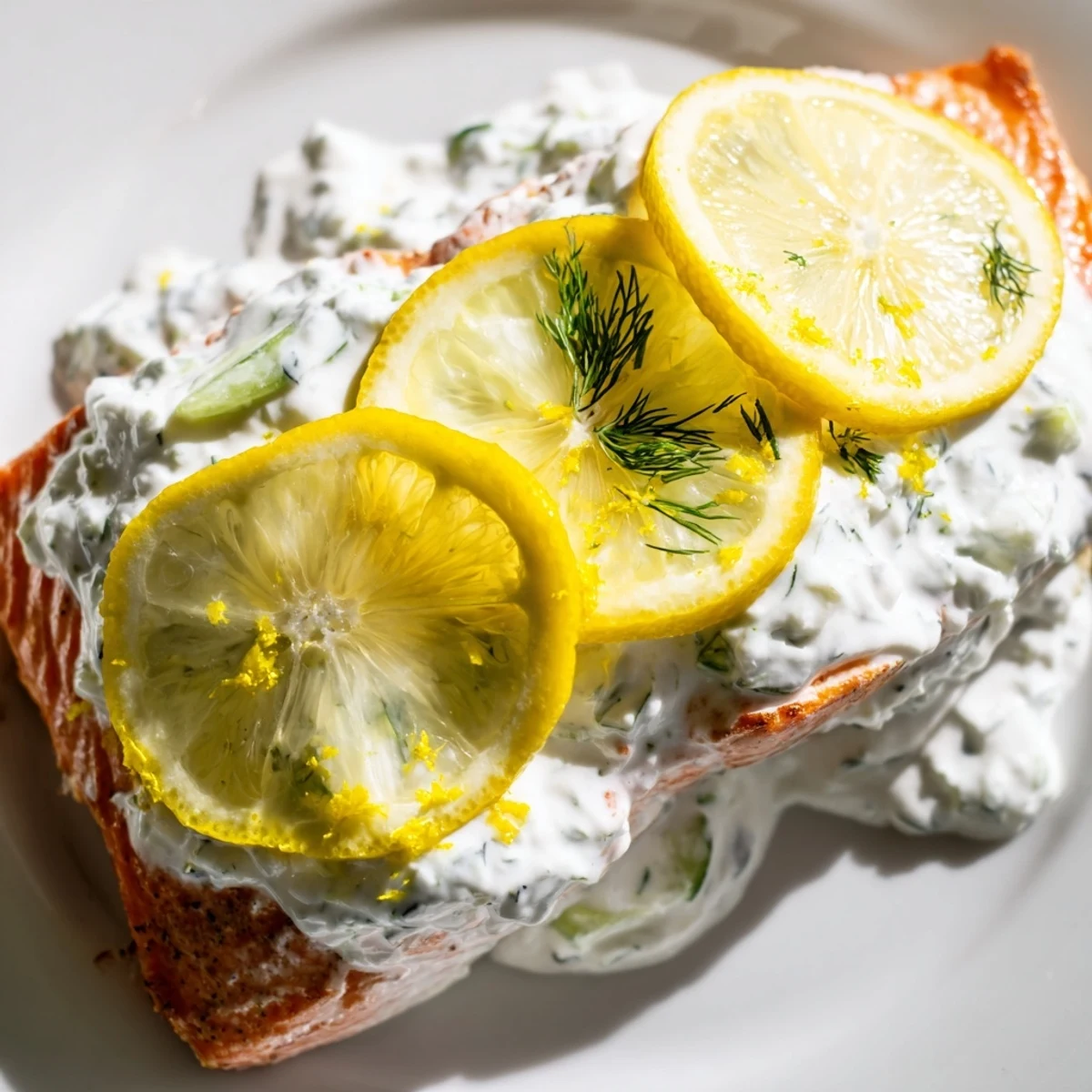 Tender Baked Salmon with Dill and Cucumber Yogurt is topped with a creamy green sauce, served alongside roasted potatoes for dinner.