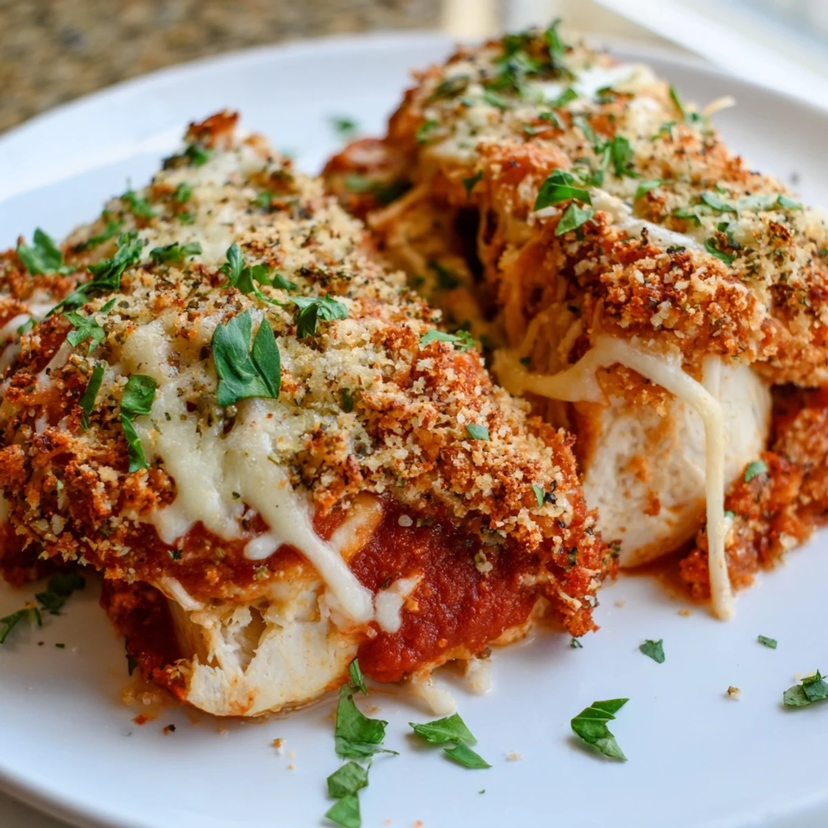 Golden brown panko and melted mozzarella top the Chicken Parmesan Casserole with Marinara, ready to serve.