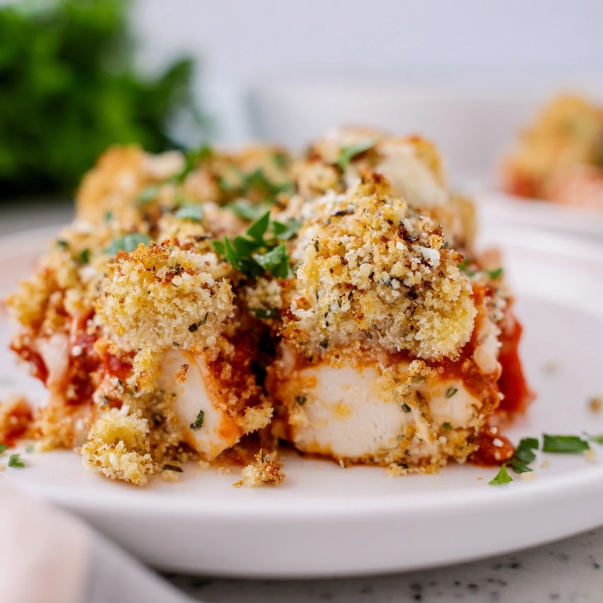 A skillet of bubbly Chicken Parmesan Casserole with Marinara shows rich sauce and melty cheese.