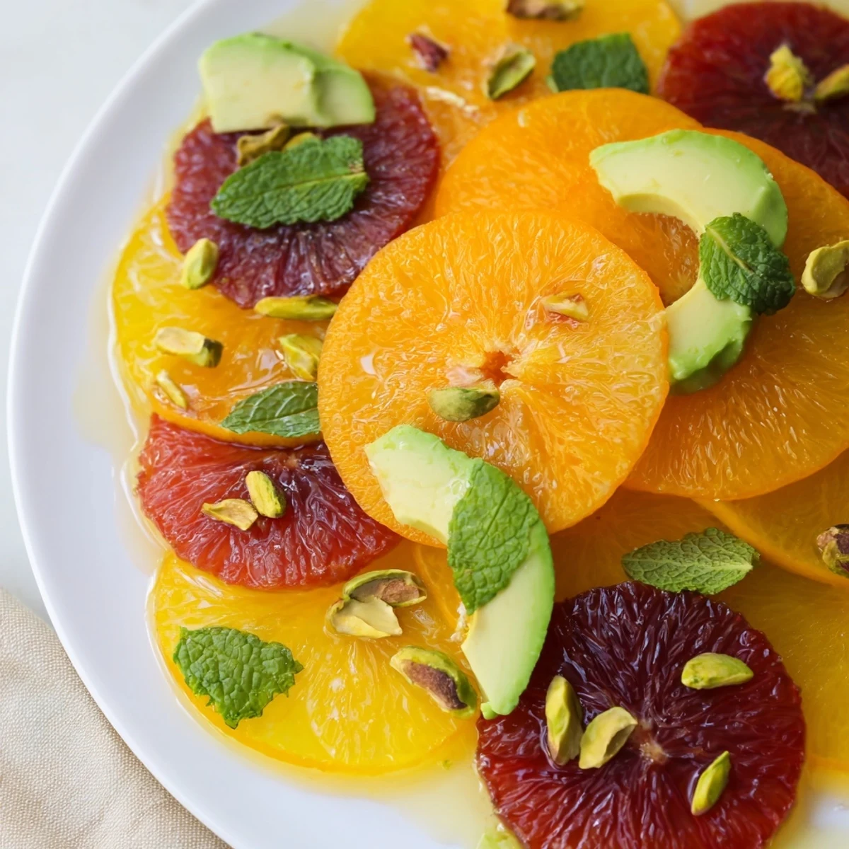 A vibrant bowl of Winter Citrus Salad with avocado and mint, sprinkled with toasted pistachios and glistening with a zesty olive oil vinaigrette.