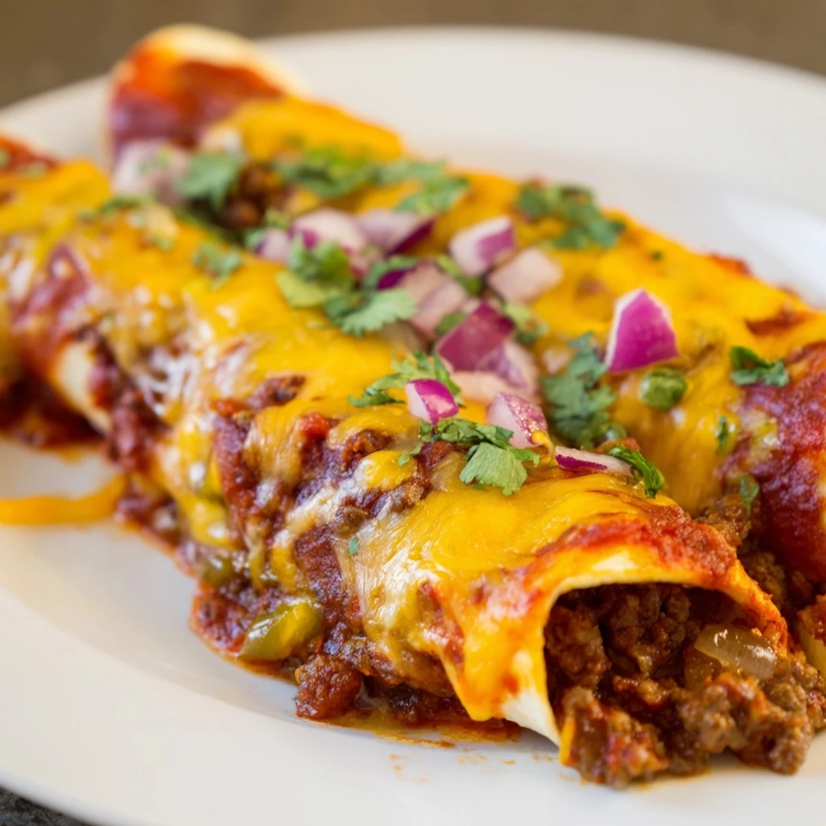 Golden, bubbling Beef Enchiladas with Homemade Red Sauce garnished with fresh cilantro and red onion.