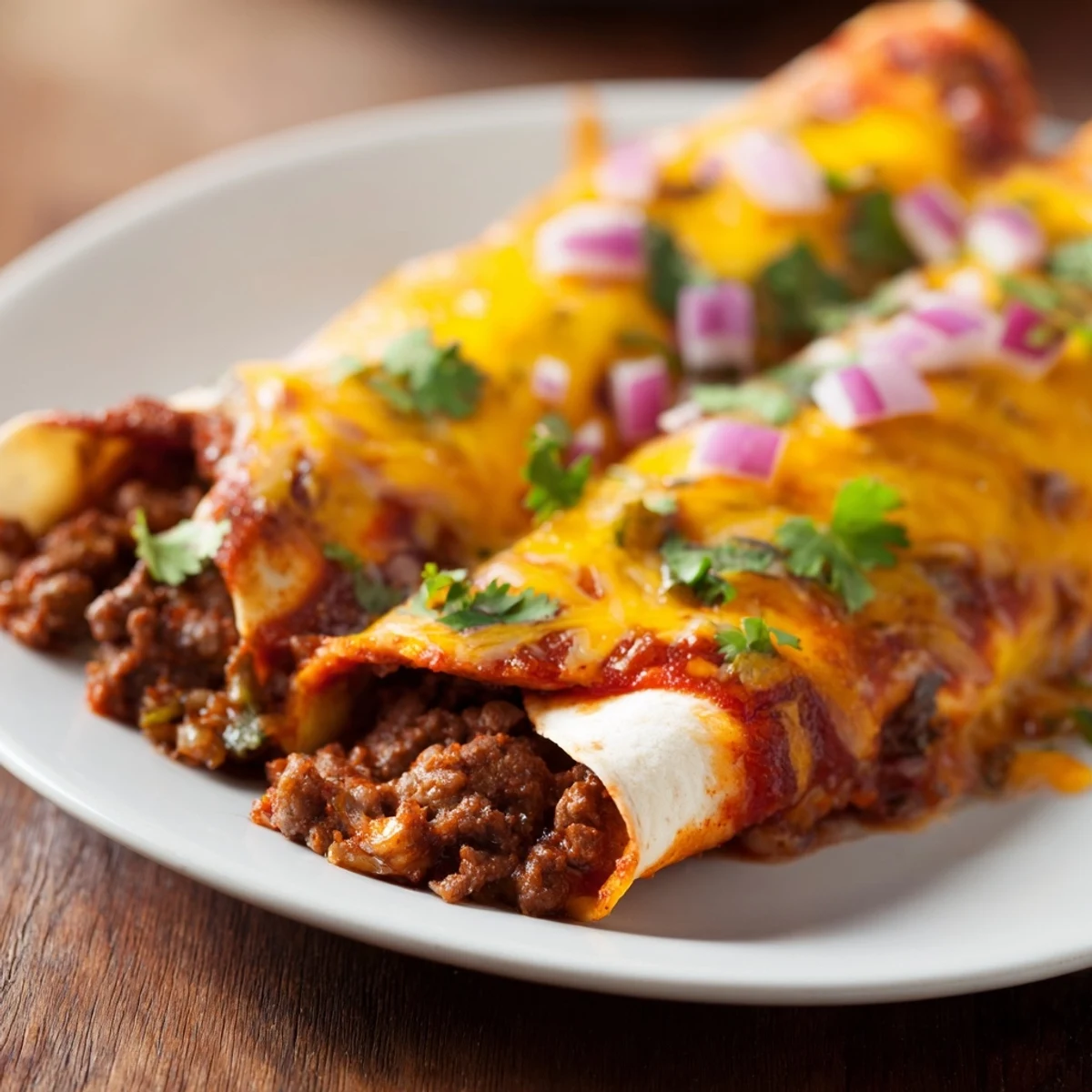 Hearty platter of Beef Enchiladas with Homemade Red Sauce, smothered in rich sauce and topped with cilantro.