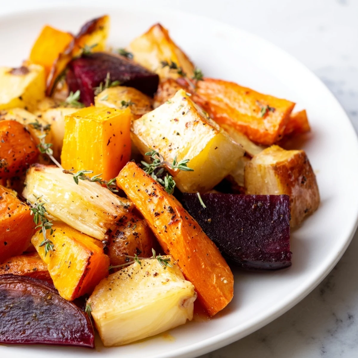 Roasted Roots with Thyme medley of carrots, parsnips, and beets glistening with olive oil and herbs, roasted to tender, caramelized perfection.