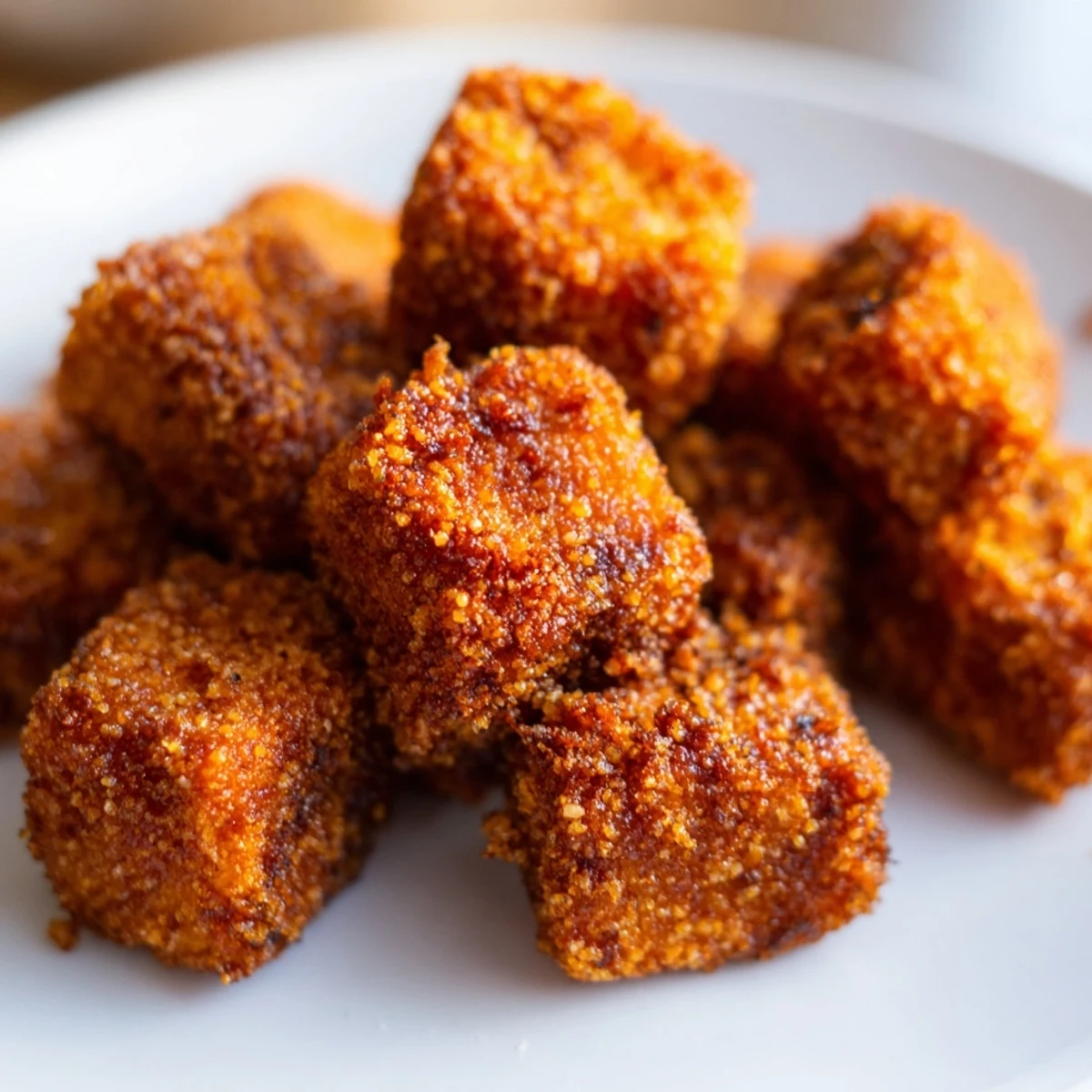 Golden-brown Crispy Tofu Bites arranged on a platter with a small bowl of spicy dipping sauce.
