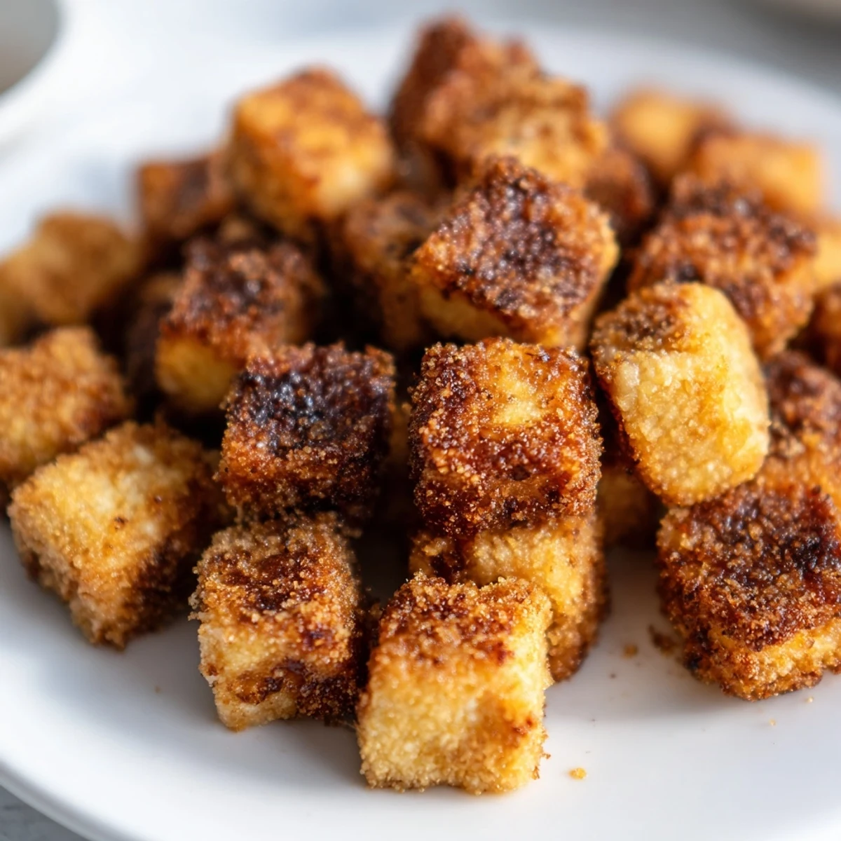 A close-up of Crispy Tofu Bites revealing a crunchy golden panko and cornstarch coating.