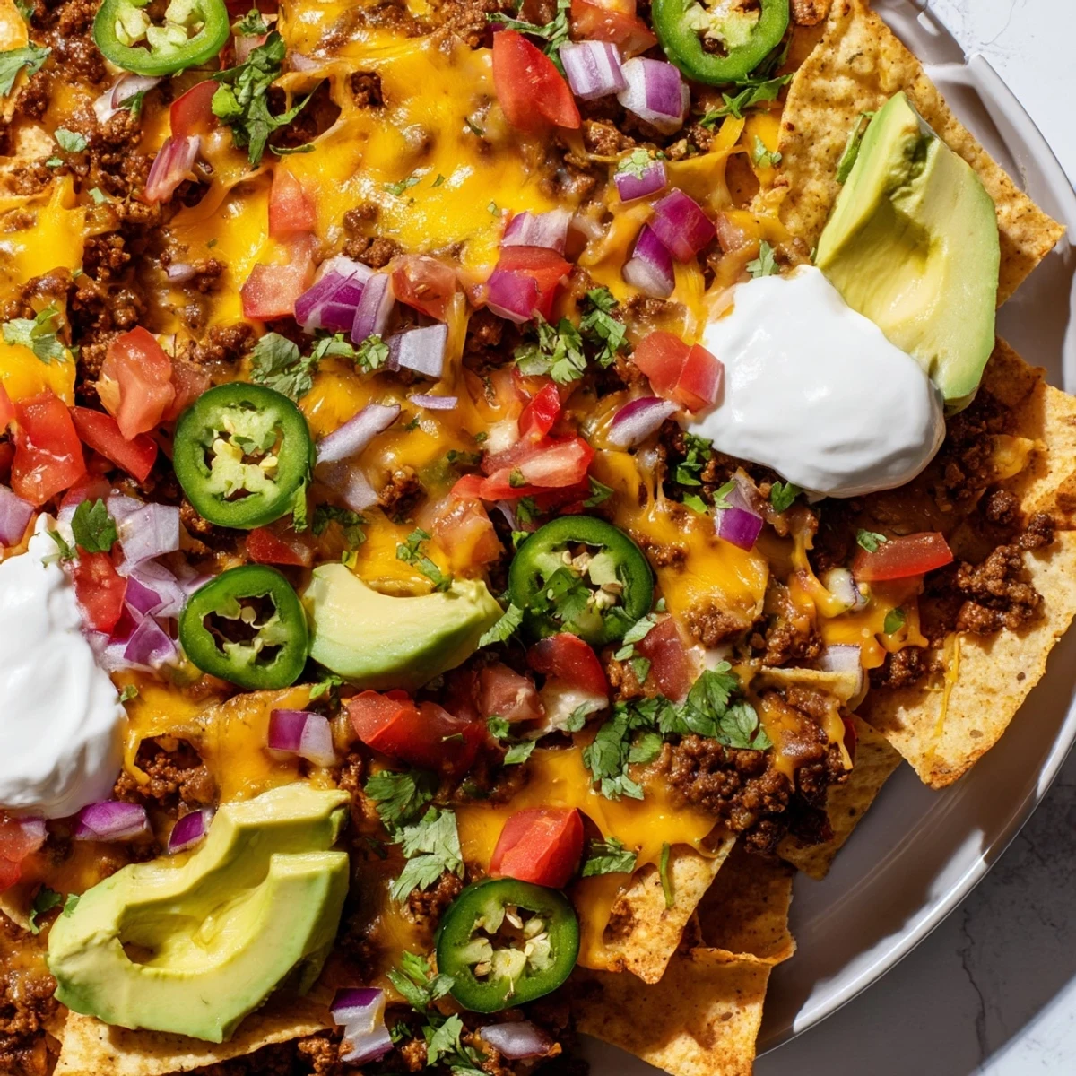 Crowd-pleasing Beef Nacho Platter topped with sour cream drizzle, red onion, tomatoes, and fresh cilantro for a party.