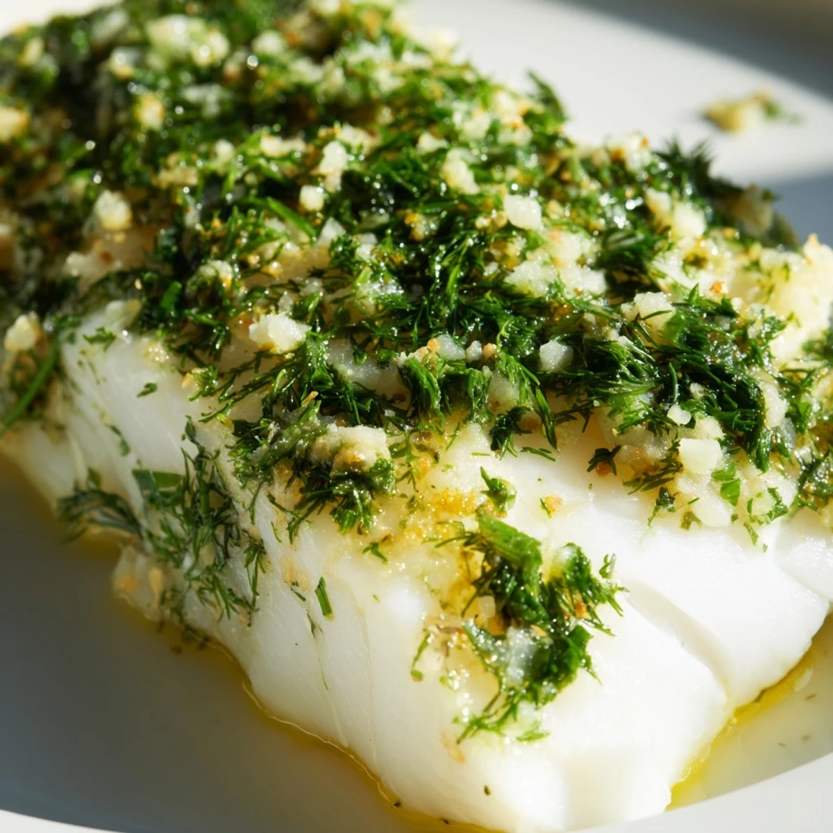 Tender, flaky Baked Halibut with Herbs topped with bright lemon zest and finely chopped parsley on a baking dish.