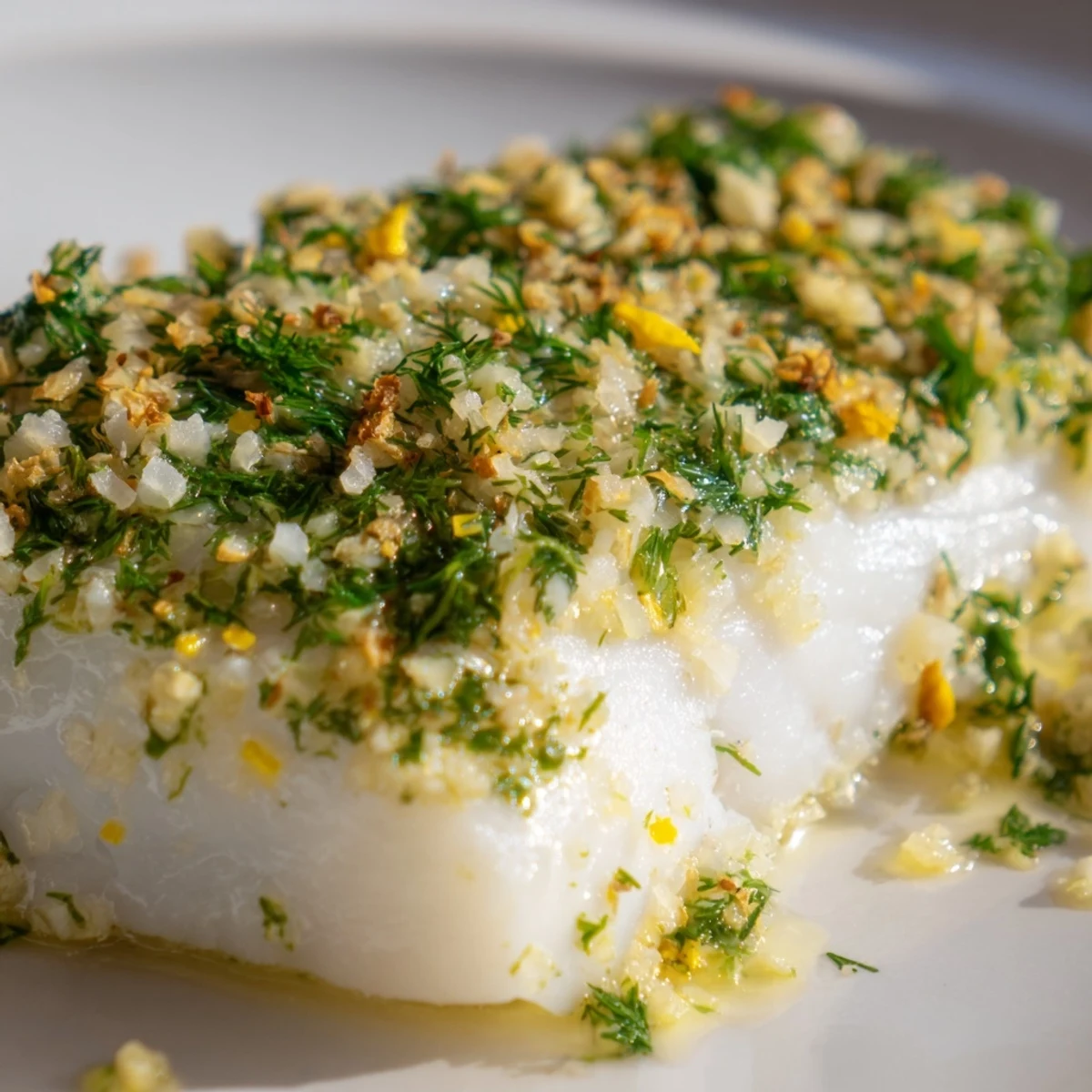 Golden-baked halibut with herbs on a plate, garnished with fresh dill, chives, and lemon wedges for serving.