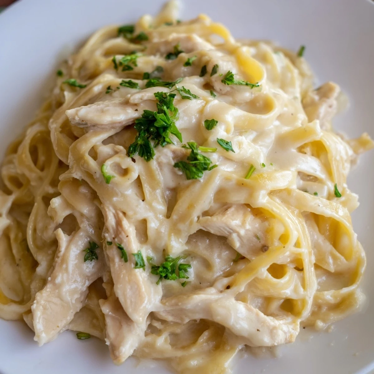 Creamy Chicken Alfredo served in a warm skillet with steam rising and fresh parsley garnish.