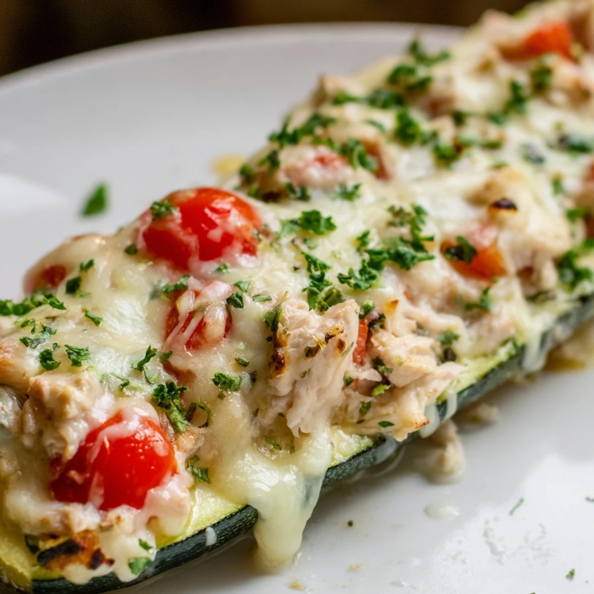 Freshly baked Chicken Zucchini Boats garnished with parsley, perfect for a low-carb weeknight dinner.
