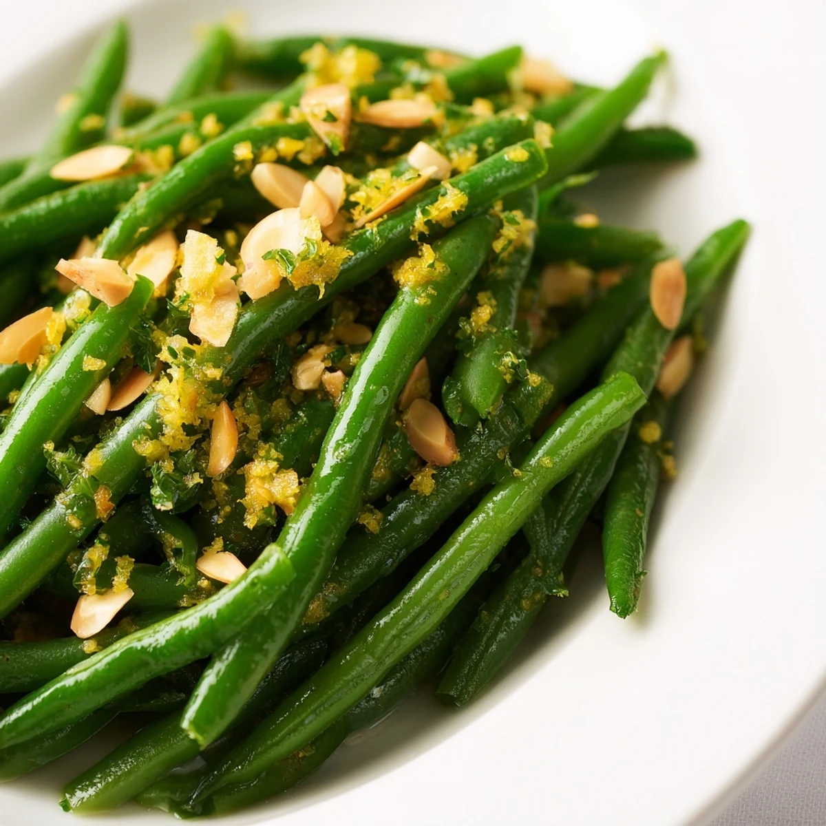 Freshly cooked Lemon Green Beans tossed with garlic, olive oil, and lemon zest in a skillet, garnished with toasted almonds and parsley.