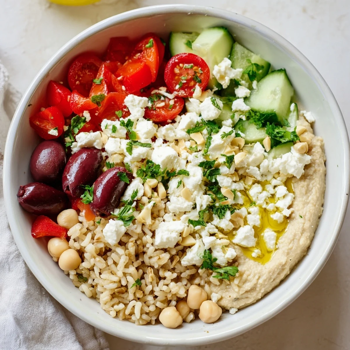 Colorful Mediterranean Hummus Bowl with cherry tomatoes, cucumber, and roasted red peppers, drizzled with lemon olive oil dressing.