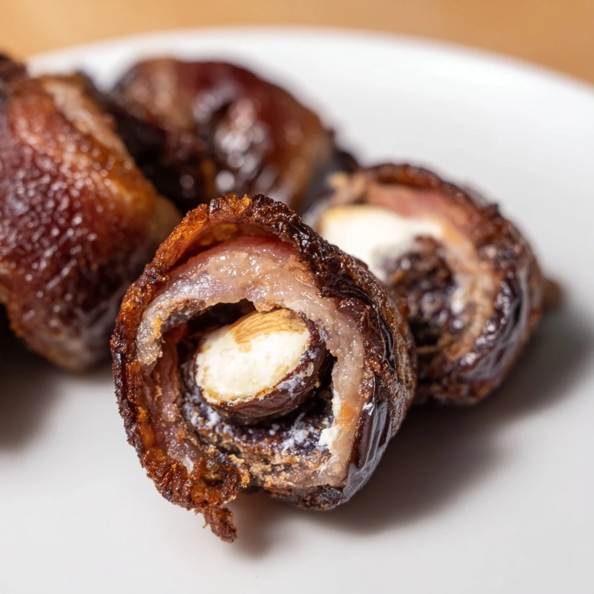 Golden Air Fryer Crispy Beef Bacon Wrapped Dates stuffed with creamy cheese and almonds on a serving platter.