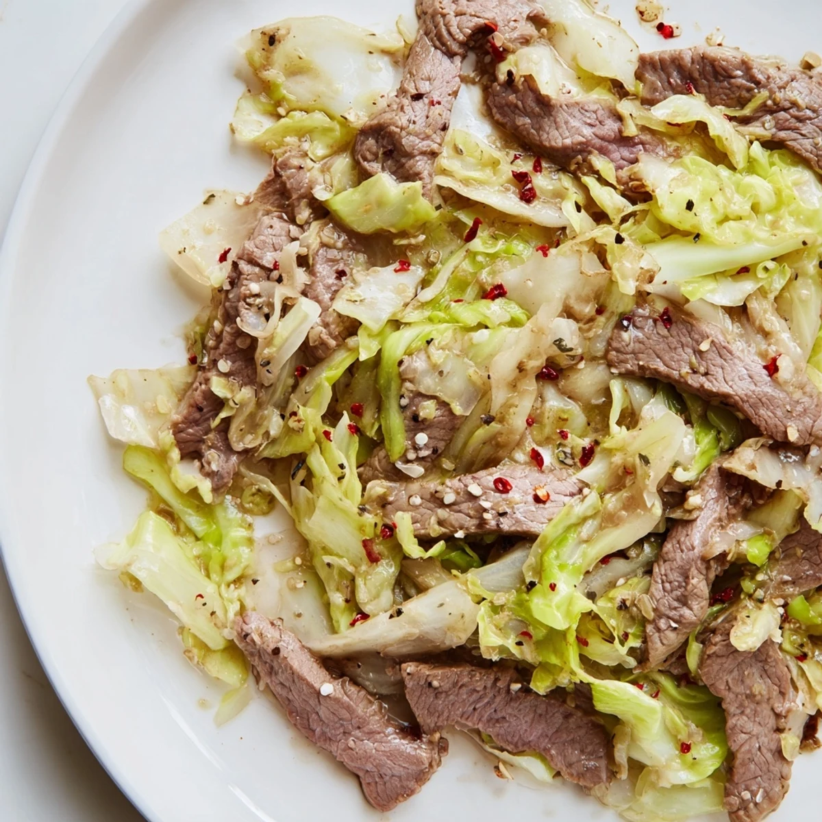 Plated Keto Friendly Beef and Cabbage Stir Fry topped with green onions and sesame seeds, ready to serve.
