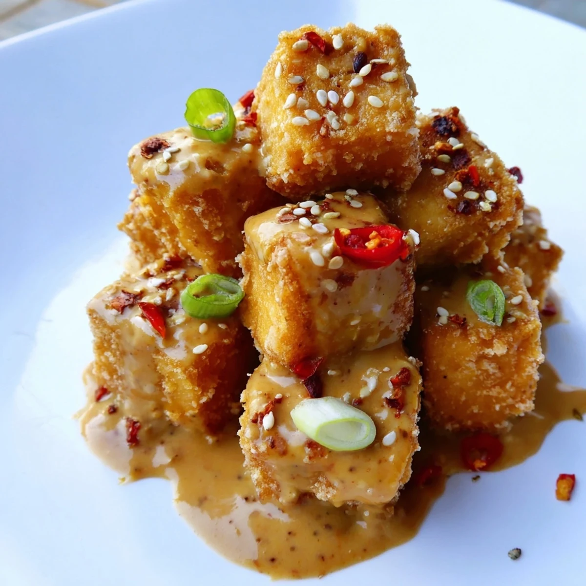 Golden, oven-baked tofu tossed in nutty sesame peanut sauce served over fluffy white rice.