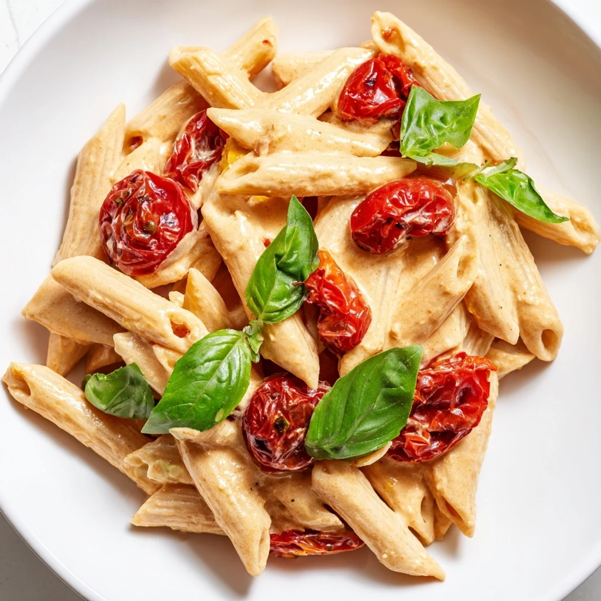 Close-up of Baked Feta Pasta showing tangy feta blocks melted among juicy cherry tomatoes and minced garlic in a baking dish.
