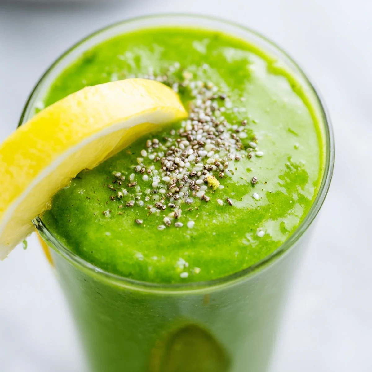 A tall glass of Detox Green Smoothie with Spinach and Ginger, featuring creamy avocado and fresh green apple.