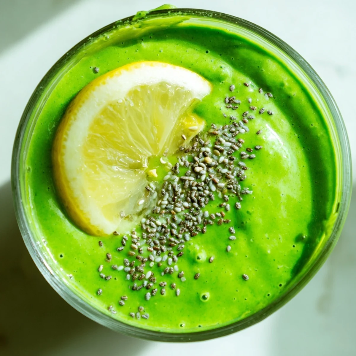 Close-up of a blender pitcher filled with Detox Green Smoothie with Spinach and Ginger beside fresh ingredients.