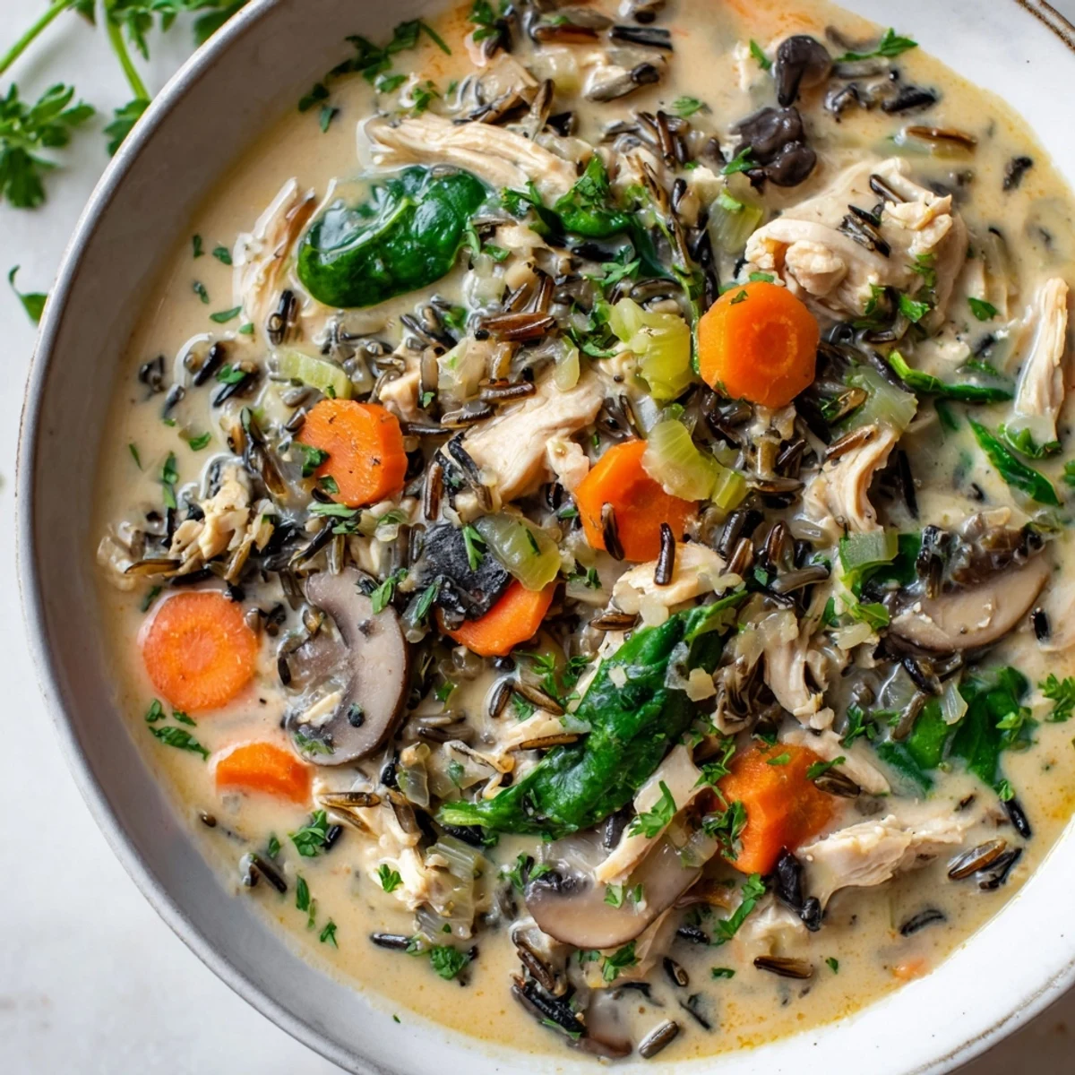 A spoon dips into a bowl of Instant Pot Chicken and Wild Rice Soup, revealing chunky carrots, celery, and spinach suspended in the rich, creamy liquid.
