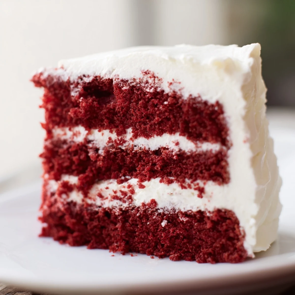 Freshly baked Red Velvet Cake with Cream Cheese Frosting on a white plate, crumbs visible on the crumb coat for a rustic look.