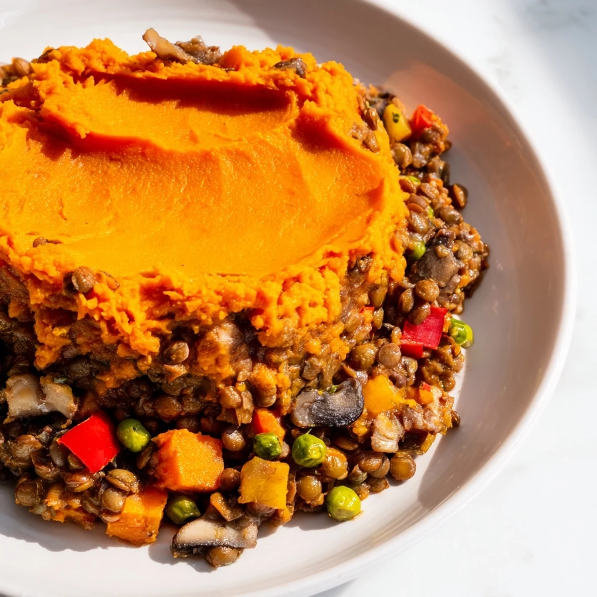 A close-up of Vegan Lentil and Sweet Potato Shepherds Pie with a golden, creamy mash topping, served in a rustic dish with fresh thyme.