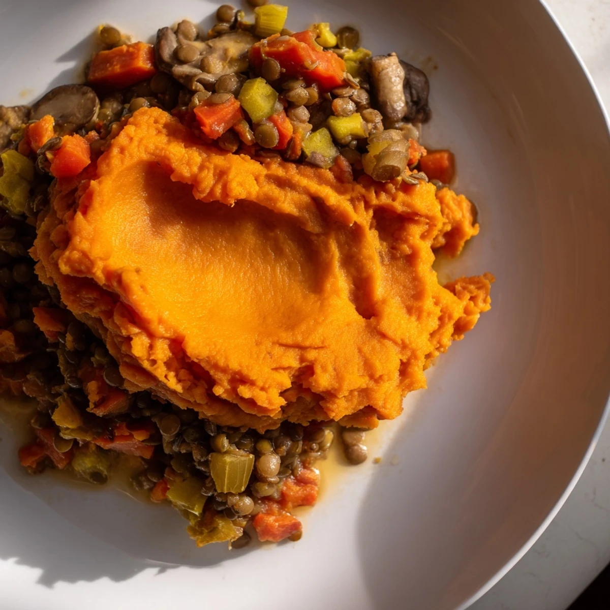 Golden-brown Vegan Lentil and Sweet Potato Shepherds Pie fresh from the oven, bubbling with savory lentils and sweet potato mash.
