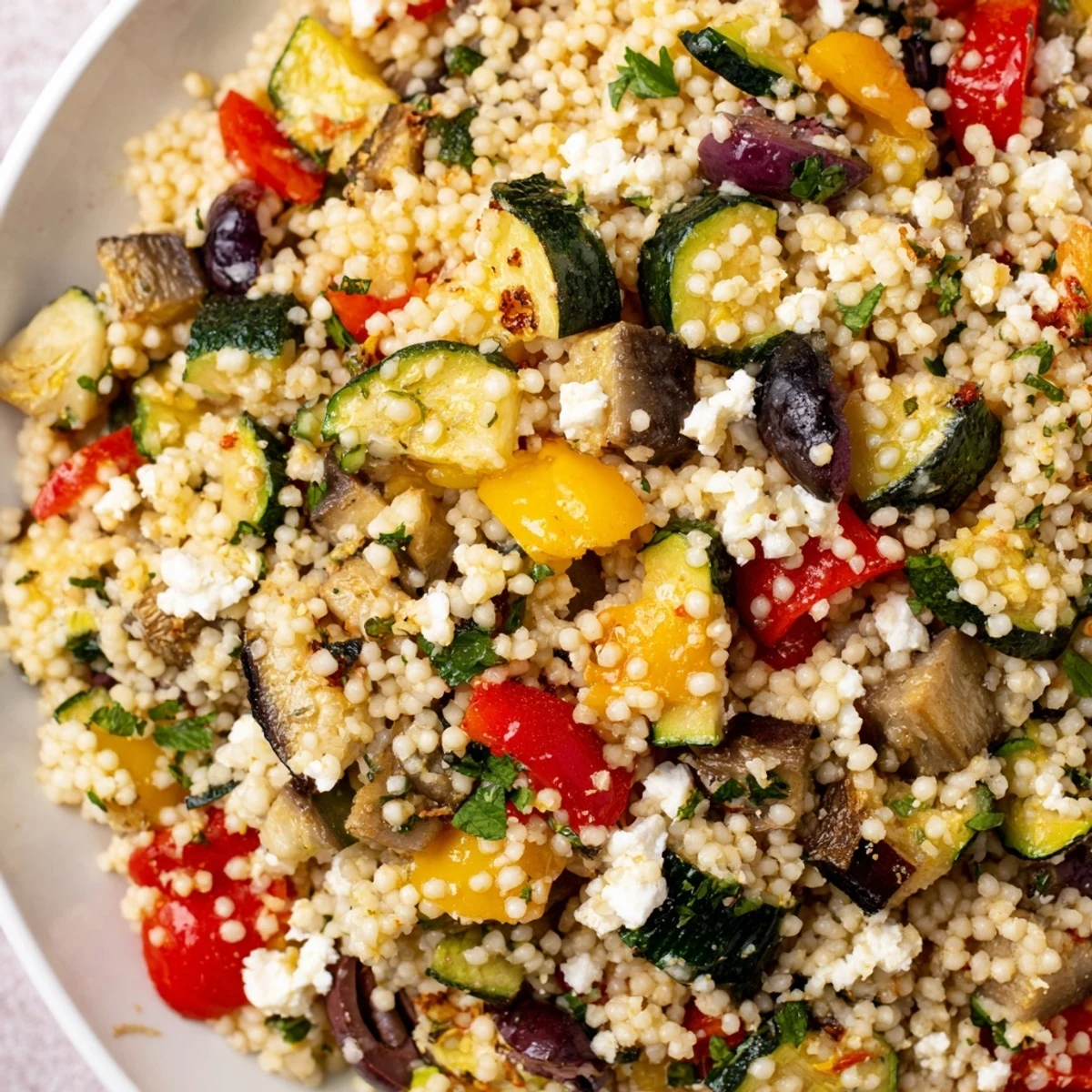 Overhead view of a fresh Mediterranean Couscous Salad with Roasted Vegetables served in a white bowl with lemon wedges.