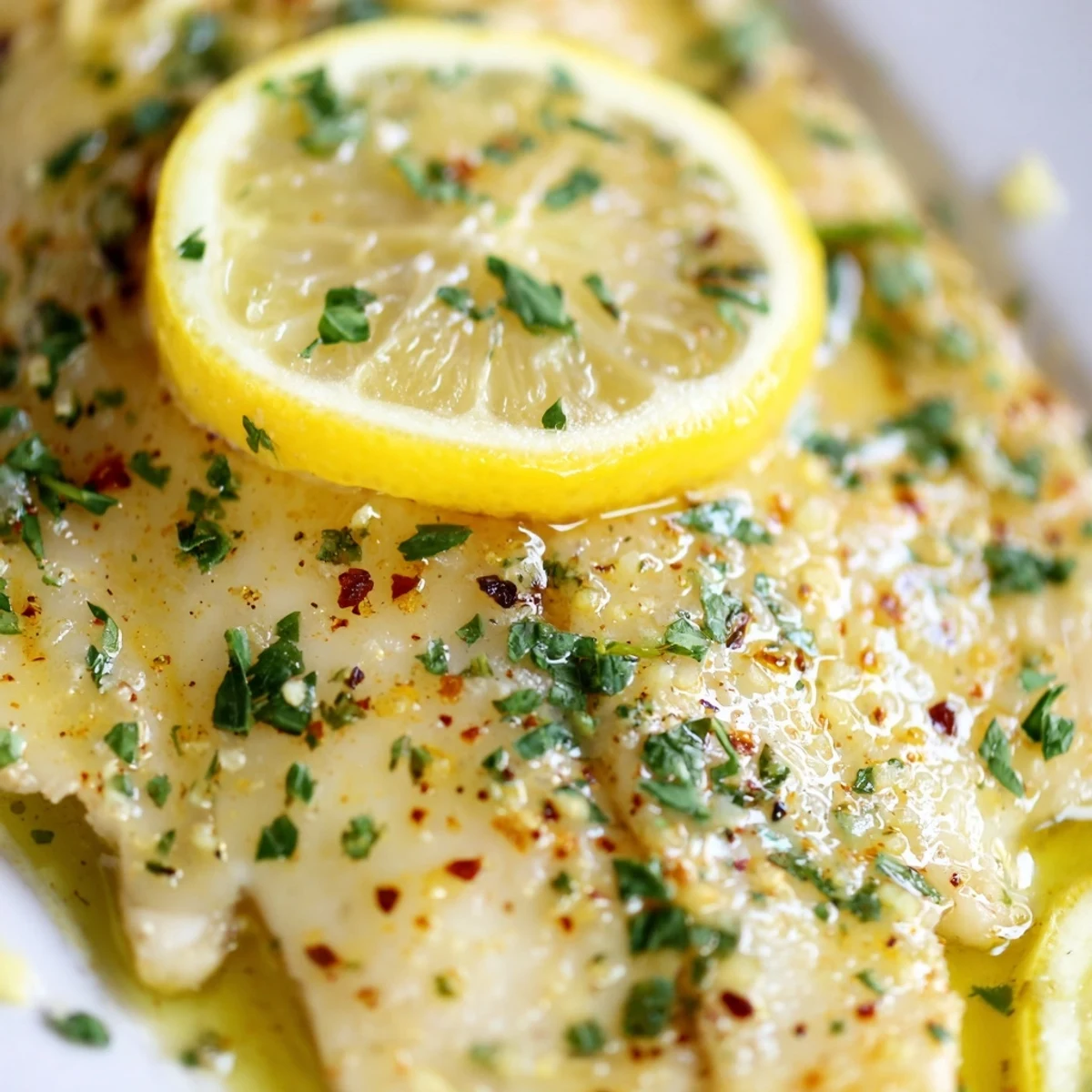 Flaky white fish fillets baked in a zesty lemon butter and garlic sauce, perfect for a quick weeknight dinner.