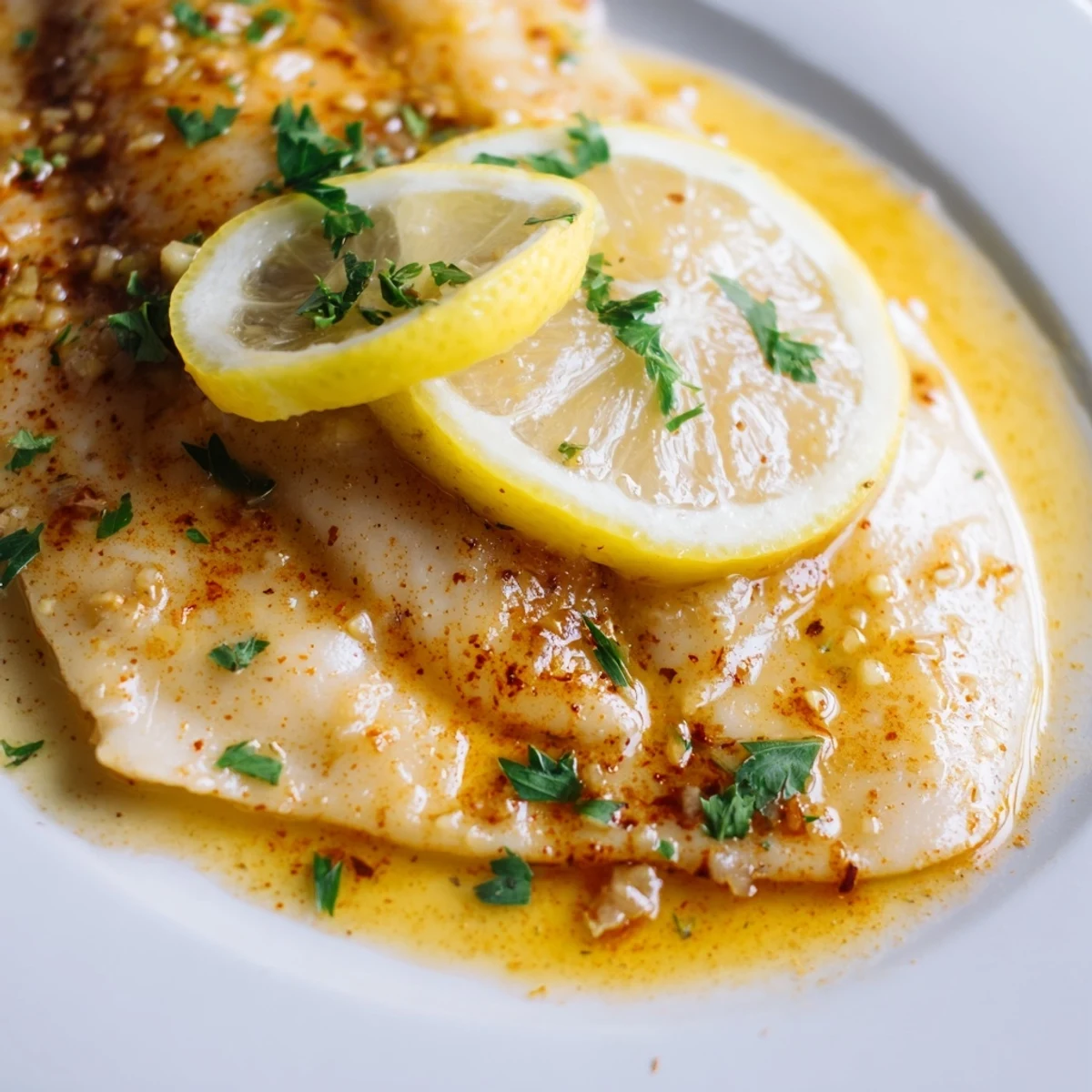 Tender baked tilapia fillets in a lemon butter garlic sauce, garnished with fresh parsley and bright lemon slices.
