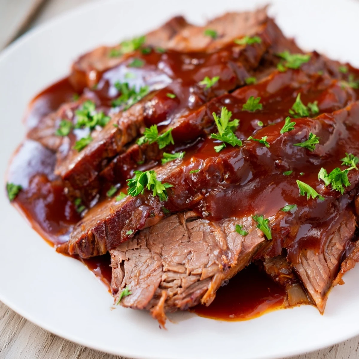 Fork-tender Slow Cooker Beef Brisket glistening with smoky barbecue sauce, sliced and ready to serve.