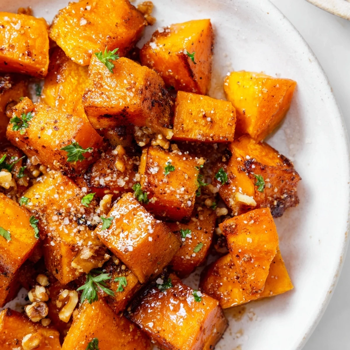 Glistening, oven-roasted sweet potatoes tossed with cinnamon and brown sugar on a baking sheet. 