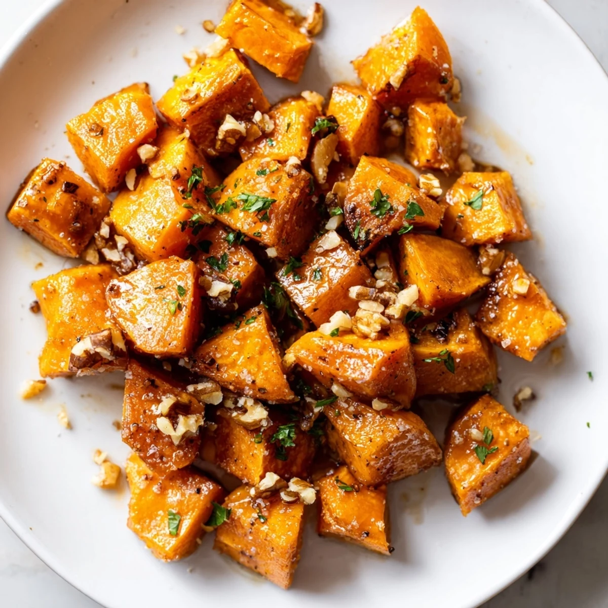 Sweet roasted sweet potatoes with brown sugar glaze, finished with crunchy pecans for a festive side.