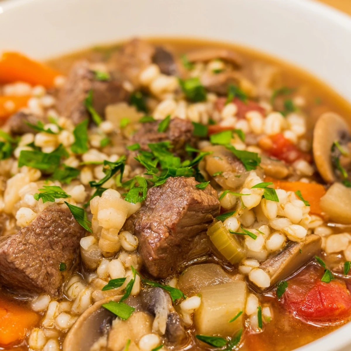 A bowl of Hearty Beef and Barley Stew with Parsnips, garnished with parsley near a ladle.