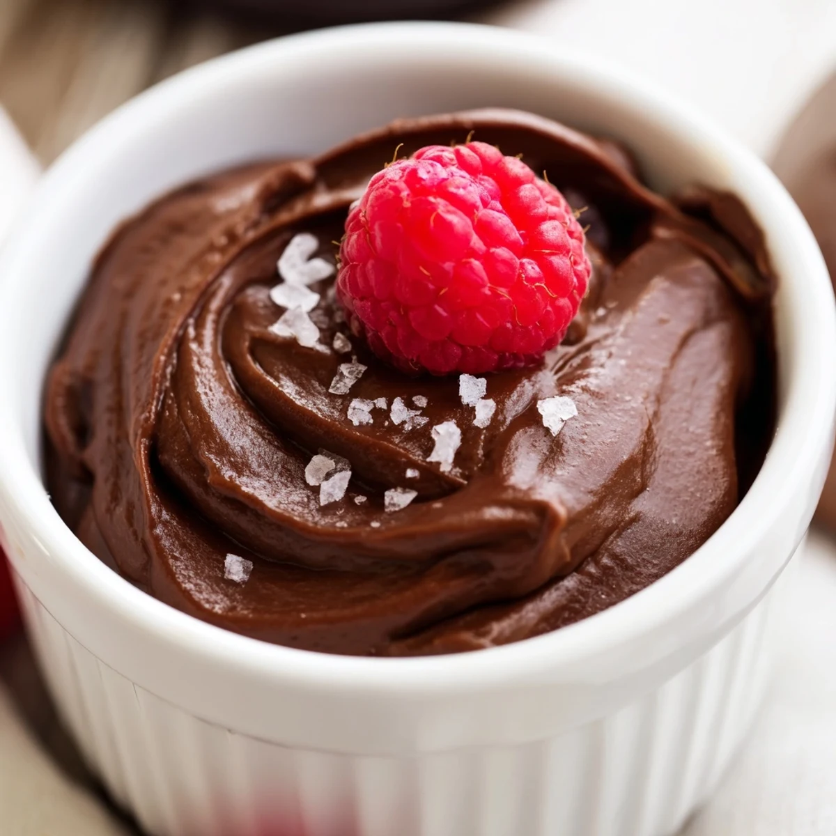 Creamy vegan Dark Chocolate Avocado Mousse served in glass cups topped with flaky sea salt and fresh raspberries.