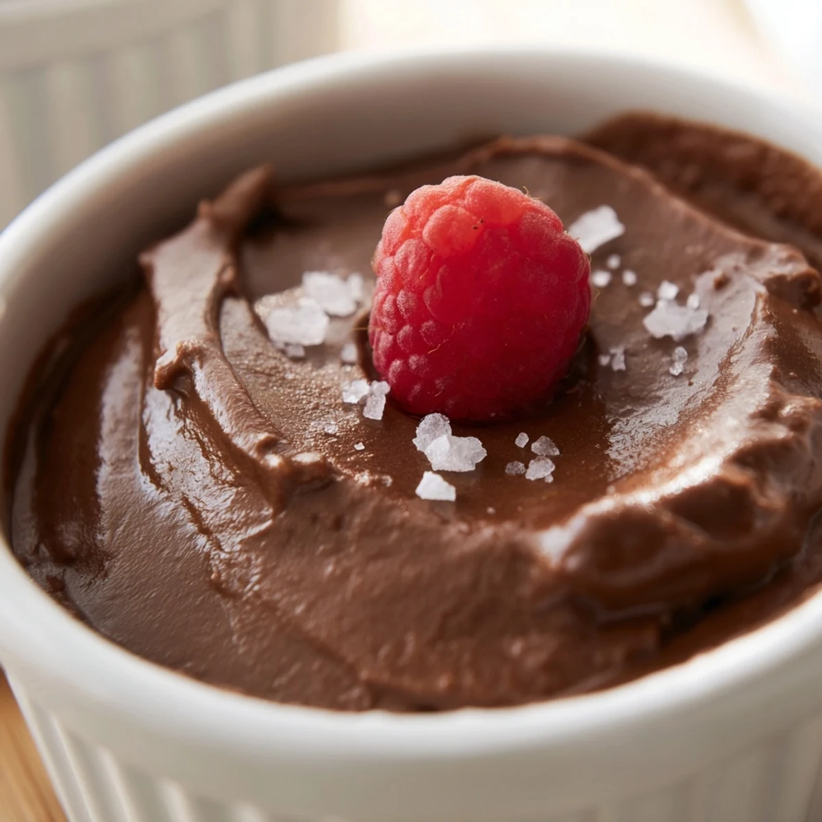 Silky smooth Dark Chocolate Avocado Mousse garnished with cocoa nibs, perfect for an elegant, dairy-free dessert presentation.