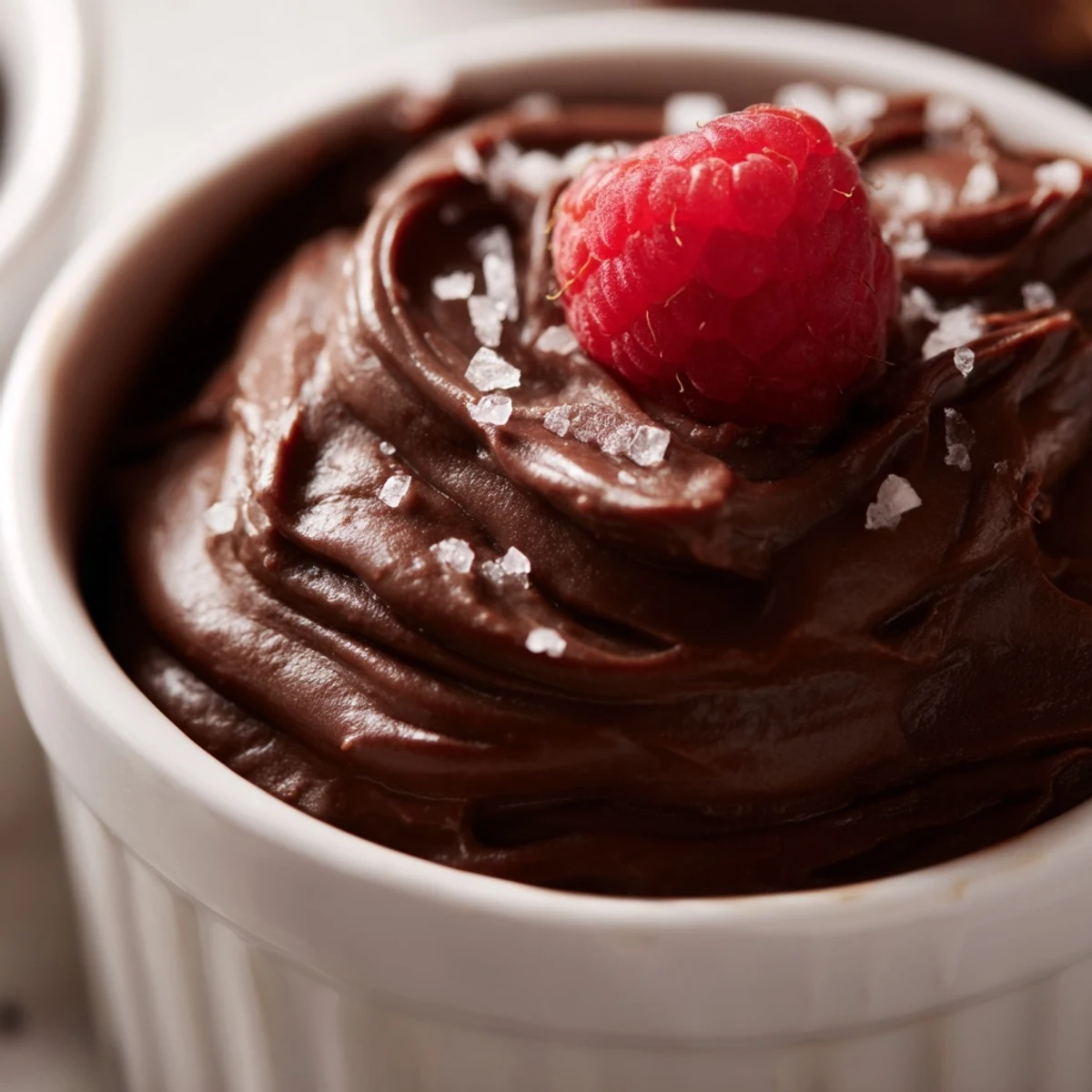 Rich Dark Chocolate Avocado Mousse with a dollop of whipped cream, ready to enjoy after chilling in the fridge.