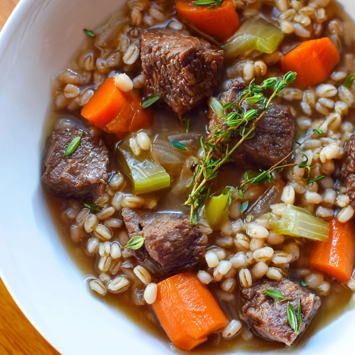 Rustic Dutch oven of Beef and Barley Stew with Thyme and Carrots, ladled into bowls with fresh parsley garnish.