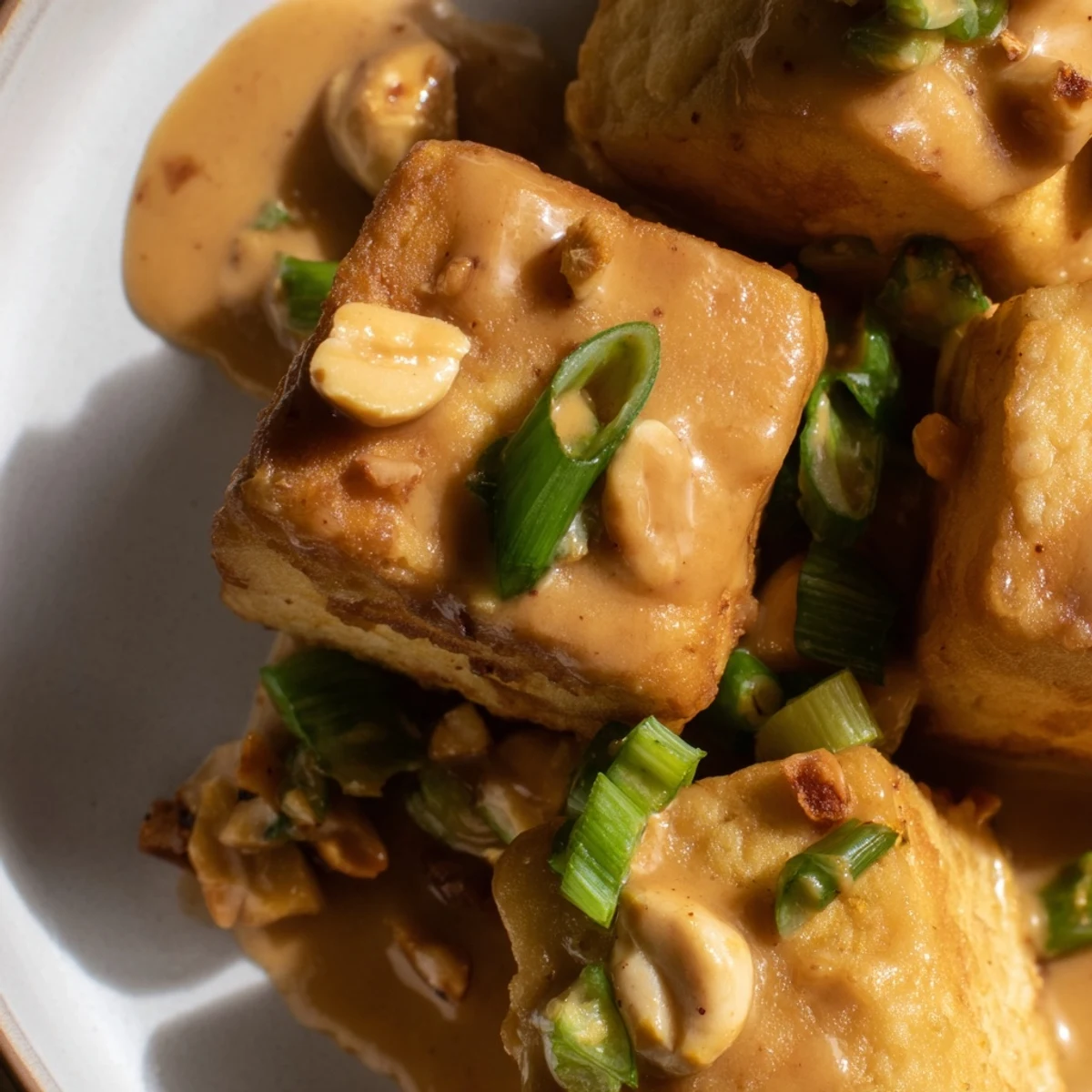 Air Fryer Crispy Tofu with Peanut Sauce served over fluffy white rice with scallions and sesame seeds.